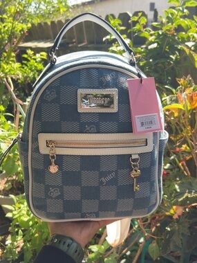 Juicy Couture Navy Check Mini Backpack with Cream Trim